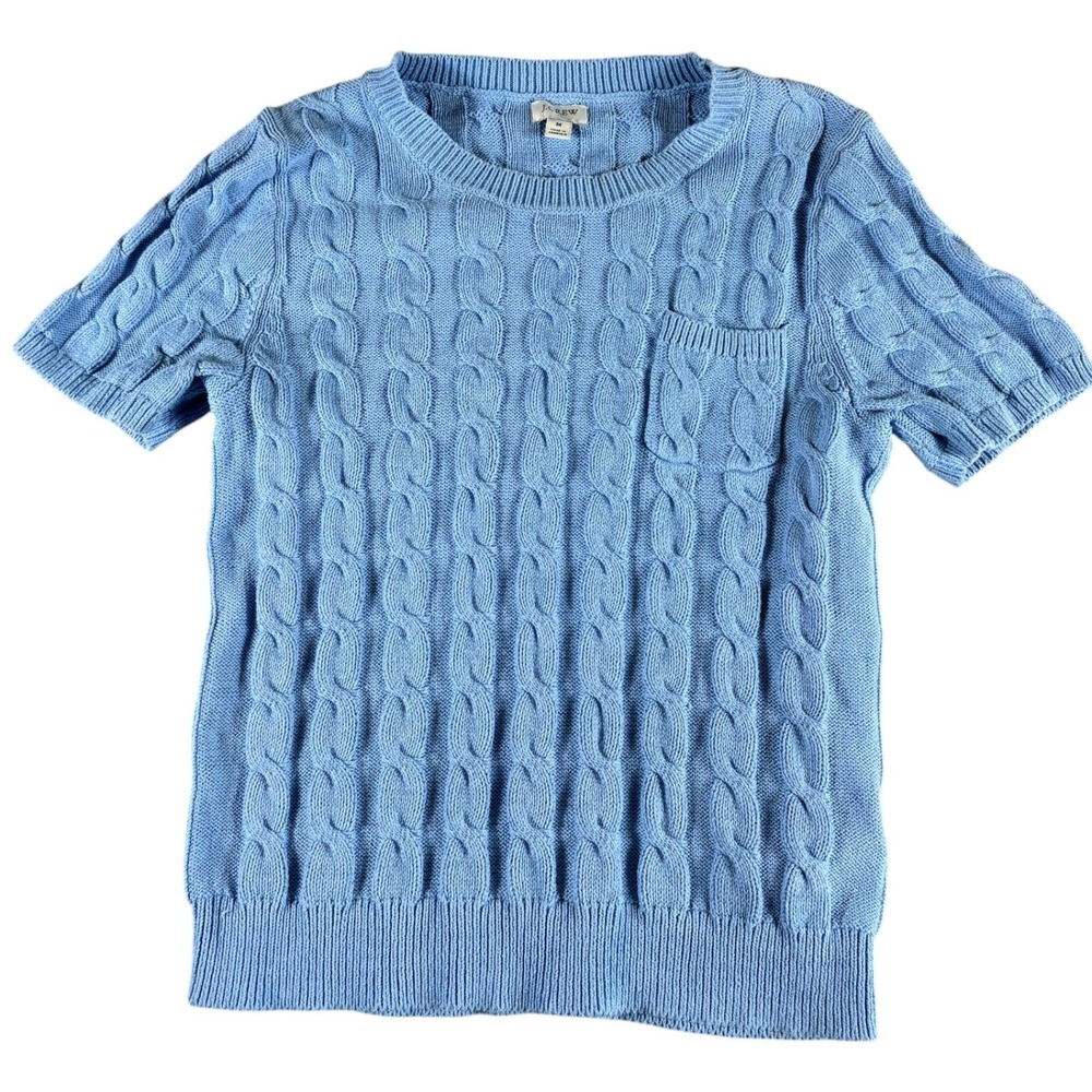 J.Crew Sweater Women's M Blue Premium Heritage Cable Knit Short Sleeve Crew Neck